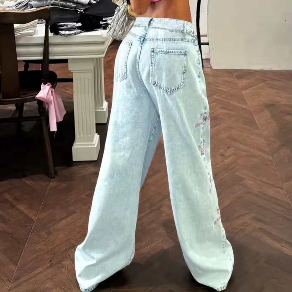 Women Straight-Leg Denim Pants With Side Bow TrimSimple Street Style Casual Fas - Picture 3 of 7